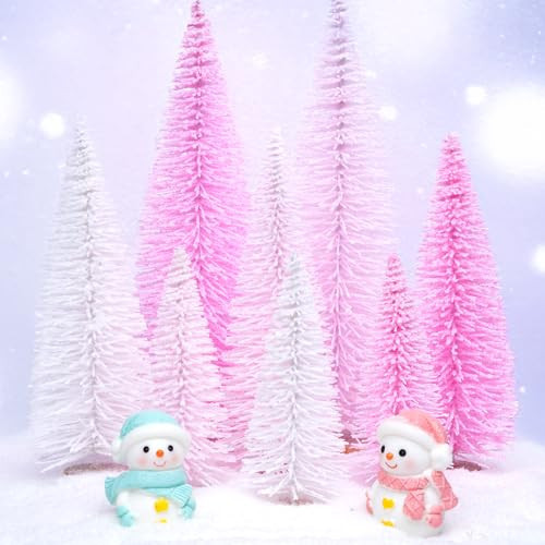 AerWo 10Pcs Mini Pink Christmas Trees Bottle Brush Christmas Trees 3.94''-7.87'' with Snowman Couple, Small Christmas Village Trees Pine Trees for Tabletop Christmas Decor Winter Holiday Decorations | Amazon (US)