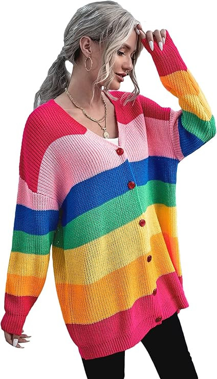 Floerns Women's Rainbow Striped Print Button Front Long Sleeve Cardigan Sweater | Amazon (US)