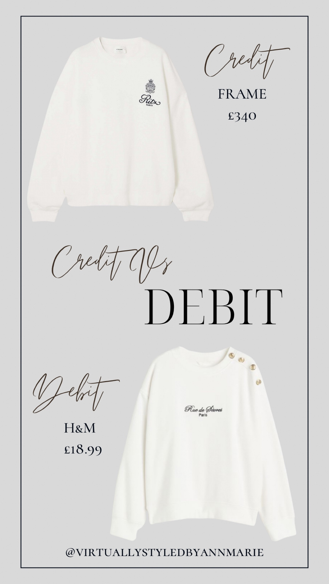 Credit Vs Debit 

Get a similar look of the Frame Ritz sweatshirt for just £18.99 

#LTKfindsunder50