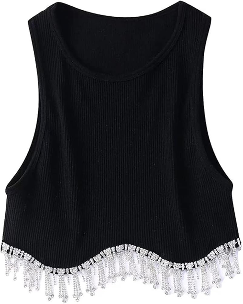 Meladyan Women Sexy Rhinestone Beading Tassel Trim Crop Tank Top Sleeveless Ribbed Knit Cropped Vest | Amazon (US)