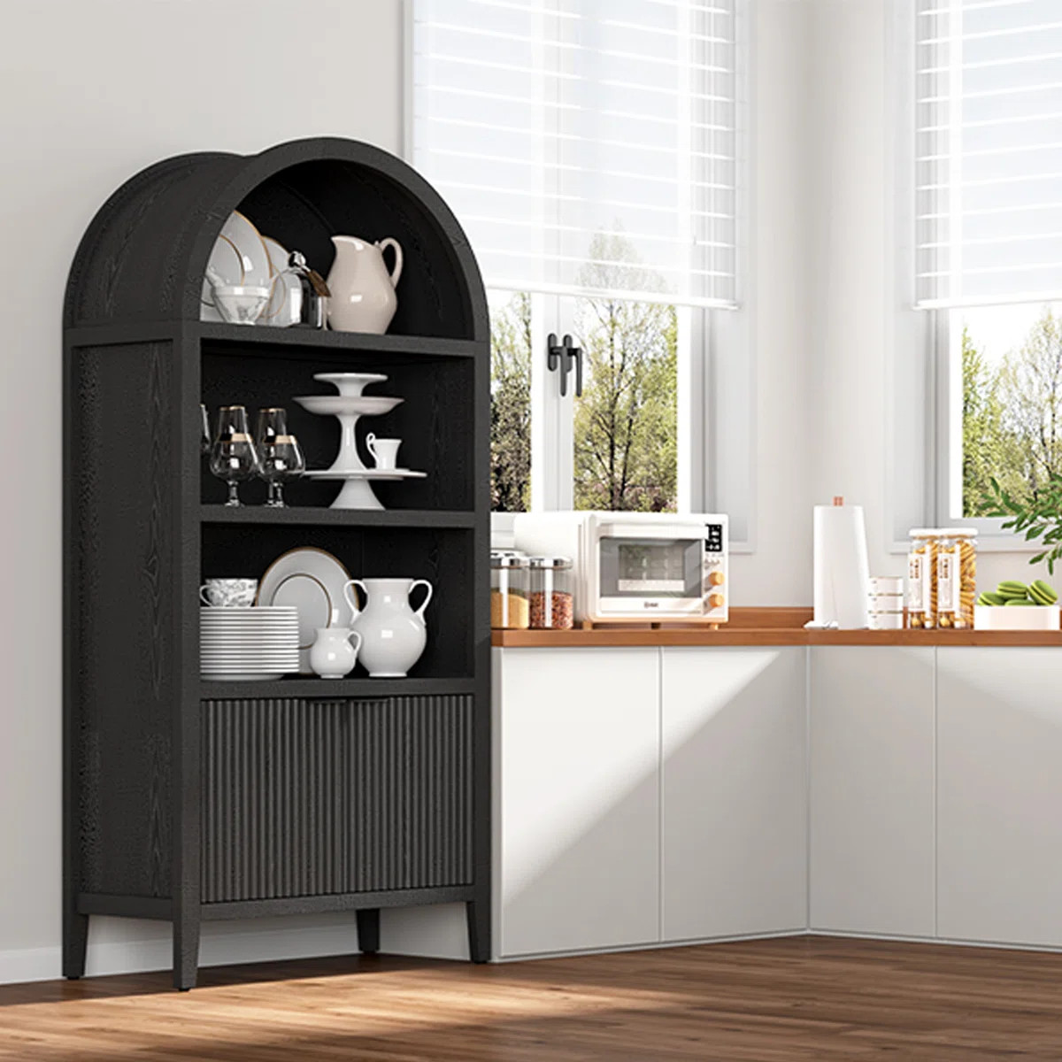 71" Tall  Arched Bookcase with Fluted Doors and Open Shelf | Wayfair North America