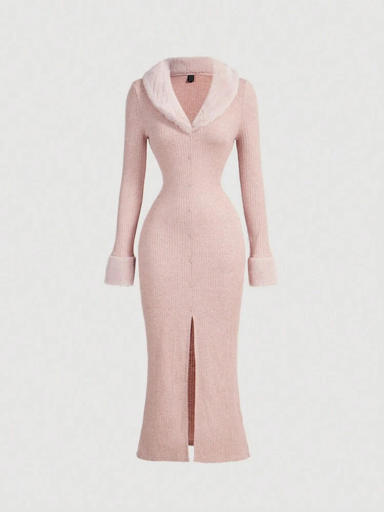 SHEIN MOD Women Pink Fuzzy Collar High Slit Bodycon Knitted Dress, Autumn Winter,Sweater Dress,Pi... | SHEIN