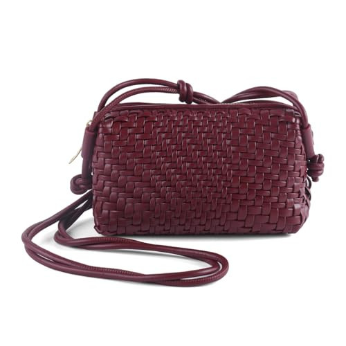 Crossbody Bag For Women Hand Woven Vegan Leather Zip Small Crossbody Bags Shoulder Bag Sling Cross Body Phone Purse (Burgundy) | Amazon (US)