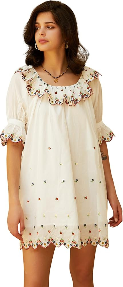 R.Vivimos Women's Summer Babydoll Mini Dress Cotton Puff Sleeve Floral Embroidered Casual Loose T... | Amazon (US)