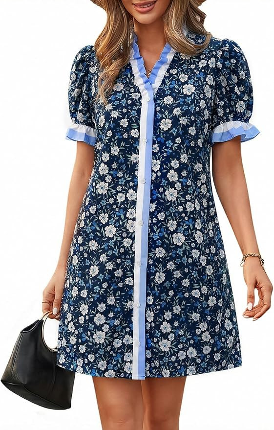 Wenrine Womens Summer Mini Dresses Casual Floral Puff Short Sleeve V Neck Button Down Ruffle Beac... | Amazon (US)