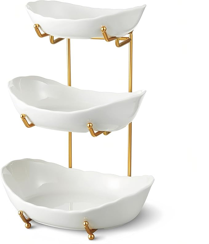 Ceramic Fruit Bowl for Kitchen Counter - 3 Tier Fruit Basket with Metal Stand, Tiered Fruit Stand... | Amazon (US)