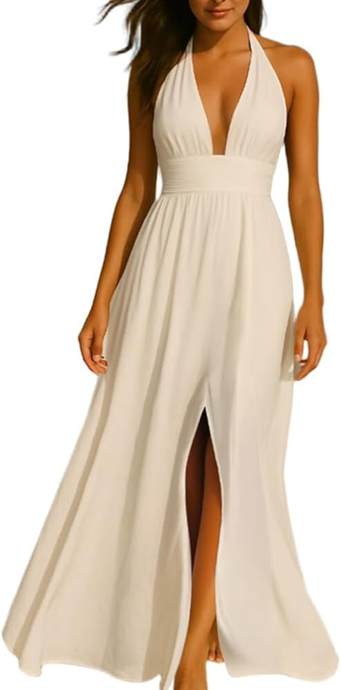 Womens Backless Dress Sexy Halter Deep V Neck Maxi Dresses Sleeveless Long Cocktail Dress with Sl... | Amazon (CA)