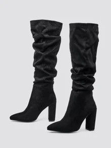 Suede Point Toe Chunky Heeled Slouchy Boots | SHEIN
