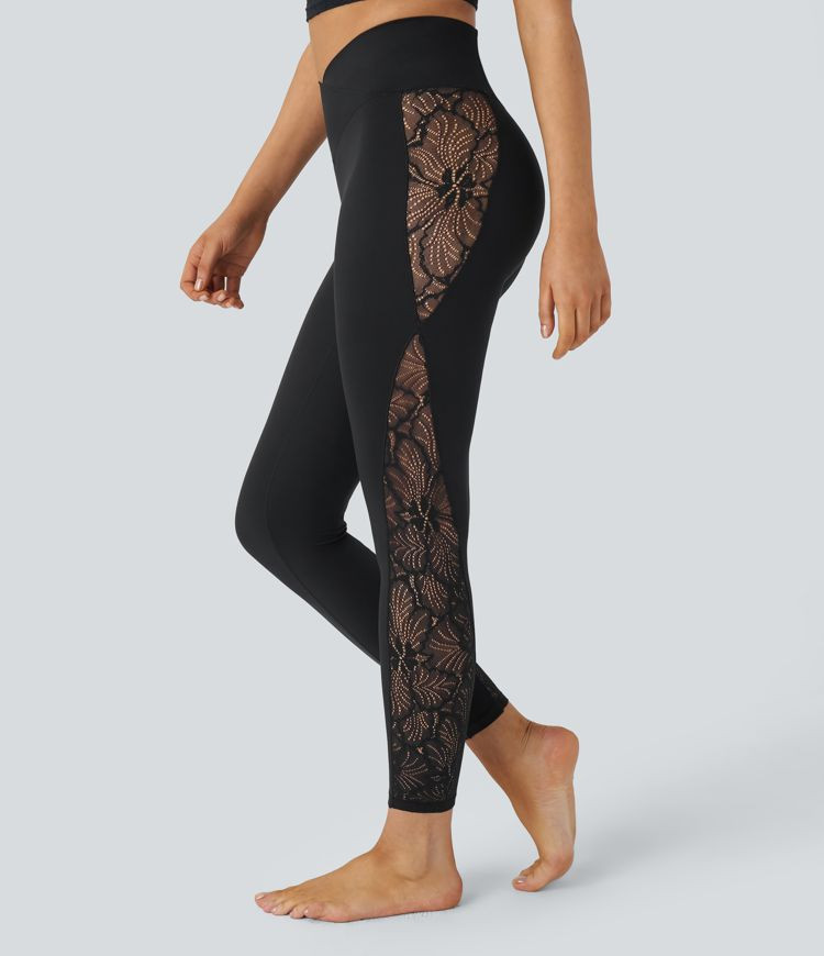 Women’s Softlyzero™ High Waisted Crossover Contrast Lace Yoga 7/8 Leggings-UPF50+ - Halara | HALARA