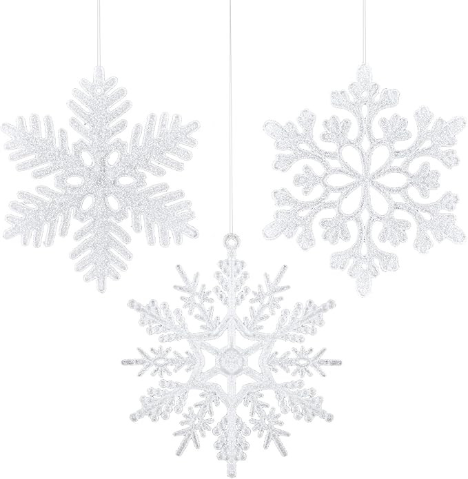 36 Pcs White Glitter Christmas Snowflake Ornaments, 4 Inch Plastic Snow Flakes Hanging Xmas Tree ... | Amazon (US)