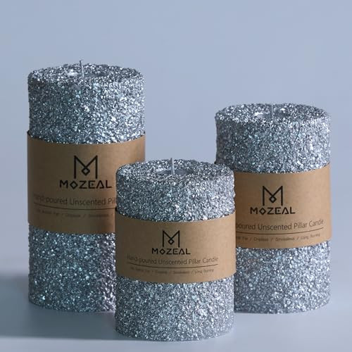 MOZEAL Hand-Poured Granular Texture Decorative Silver Pillar Candles Set of 3 (3"x4", 5", 6"), pprox 300 Hours Burn Time Dripless, Unscented, Smokeless, for Elegant Wedding, Luxury Party Décor | Amazon (US)