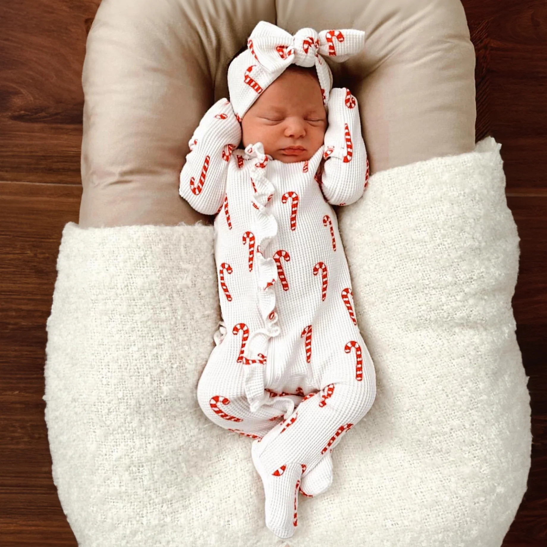 Organic Waffle Ruffle Zip Footie, Candy Cane | SpearmintLOVE