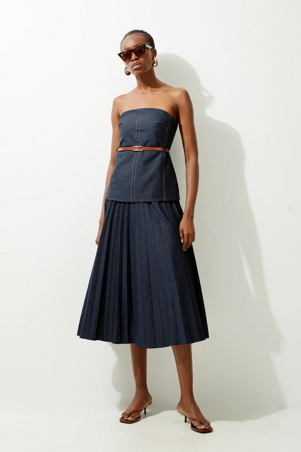 Tailored Denim Bandeau Pleated Full Skirted Midaxi Dress | Karen Millen US