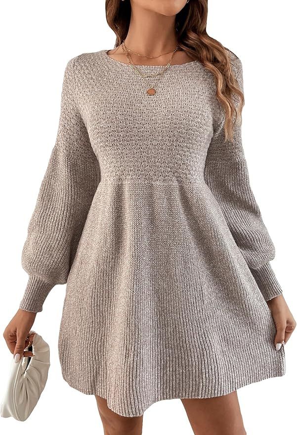 MakeMeChic Women's Long Lantern Sleeve Ribbed Knit Aline Short Sweater Dress | Amazon (US)