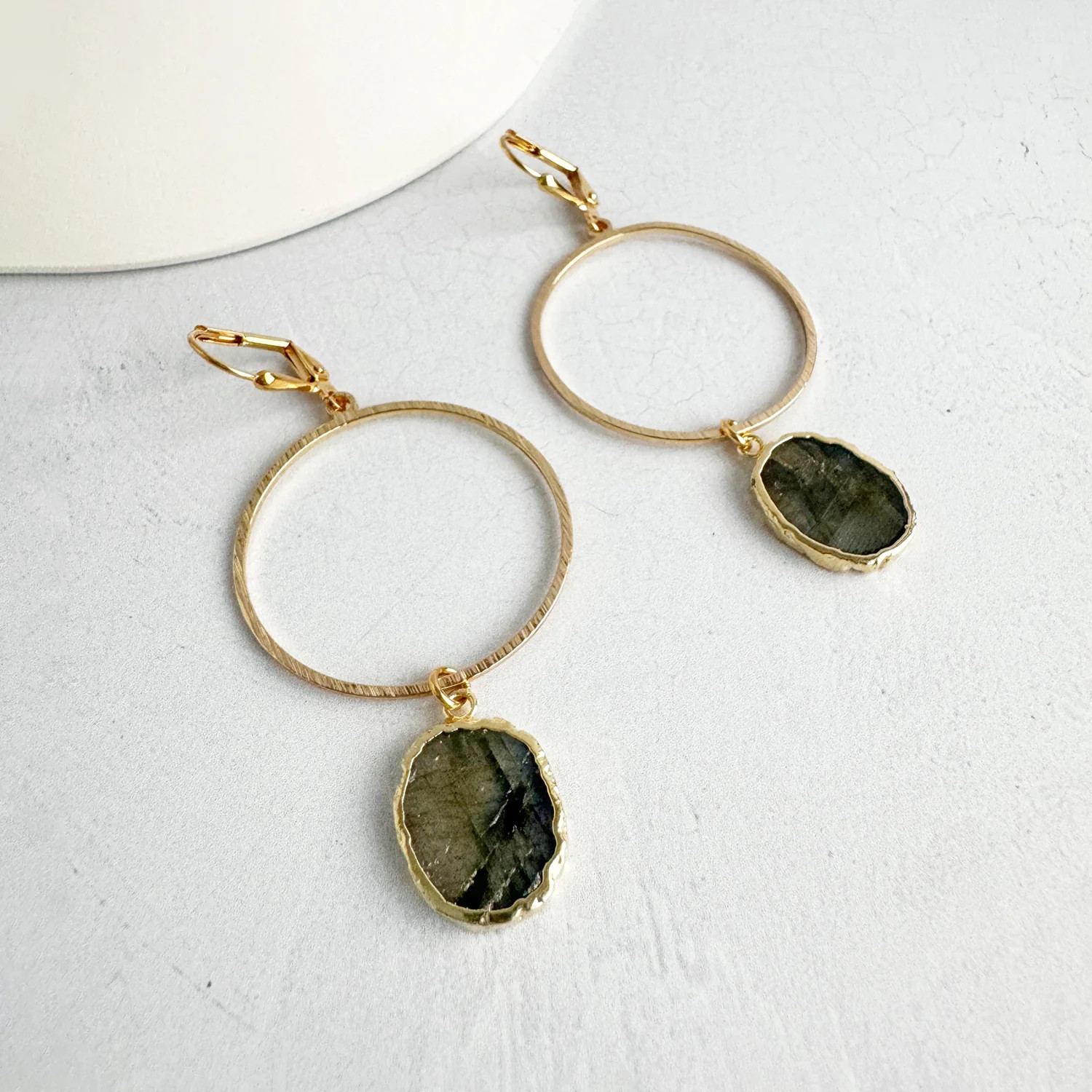Freeform Labradorite Hoop Dangle Earrings in Brushed Gold | Rustic Gem Jewelry