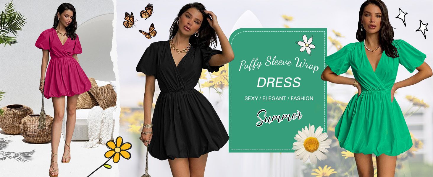 PRETTYGARDEN Women's Summer Puff Sleeve Short Mini Dress Flowy Ruffle V Neck A Line Wrap Dresses | Amazon (US)