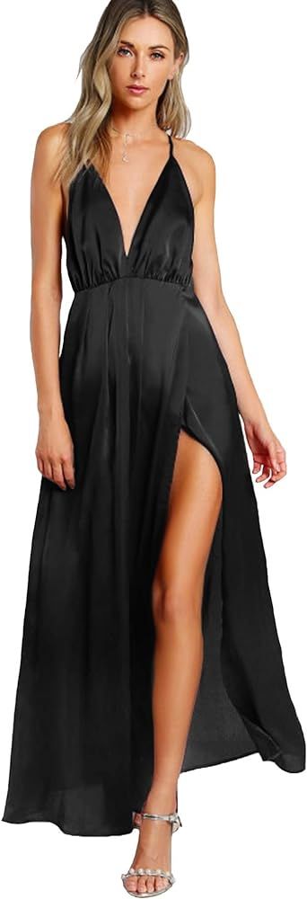 SheIn Women's Sexy Satin Deep V Neck Backless Sequin Maxi Party Evening Dress | Amazon (US)