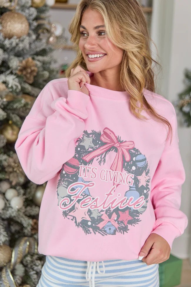 It's Giving Festive Light Pink Graphic Sweatshirt | Pink Lily