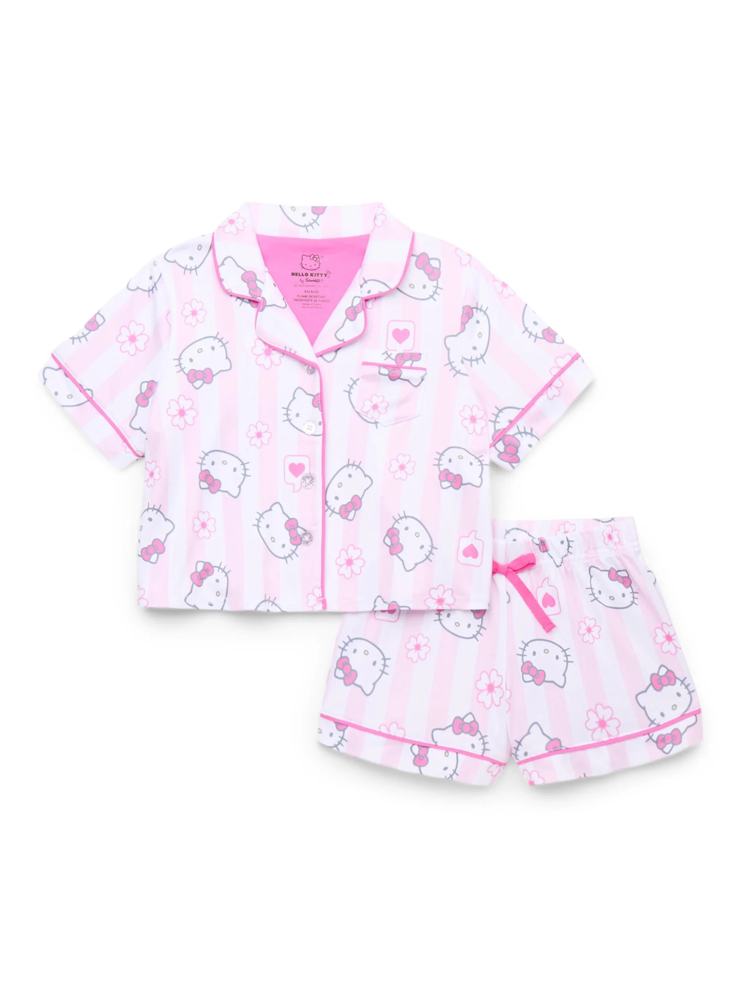 Hello Kitty Girls' Button Front Top and Shorts Pajama Set, 2-Piece, Sizes 4-12 | Walmart (US)