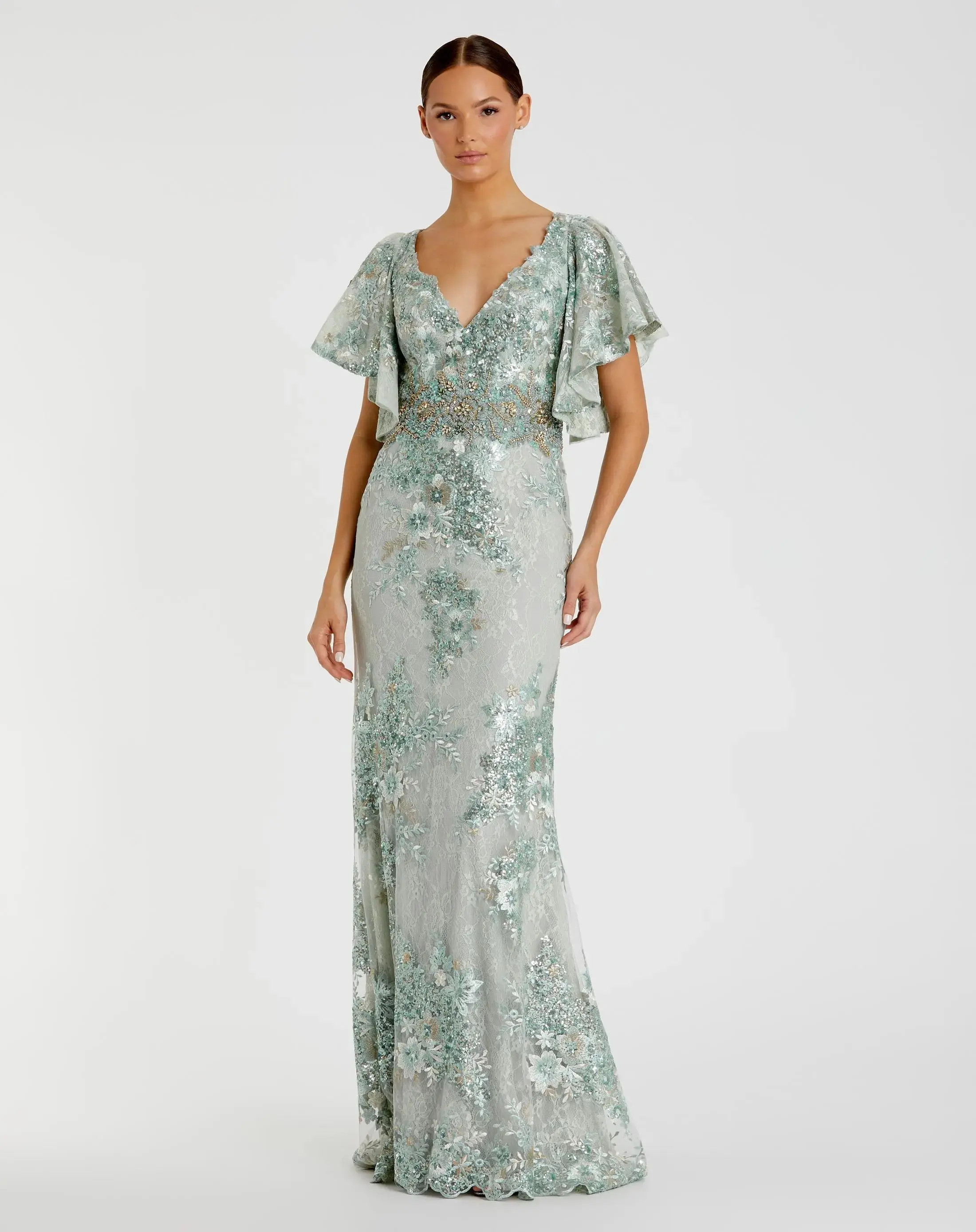 Green Bell Sleeve Floral Embellished Gown - Mac Duggal | Mac Duggal