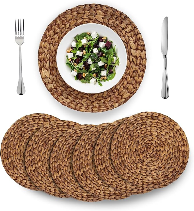 (4 Sizes: 12"-13"-14"-15") BARIEN Brown Woven Placemats Round Set of 6, Natural Water Hyacinth We... | Amazon (US)
