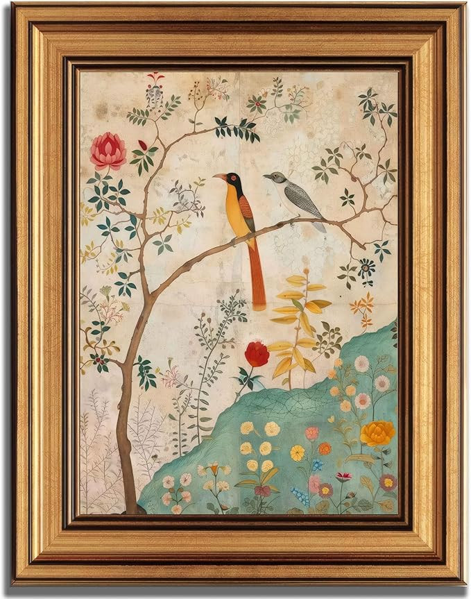 Gold Framed Vintage Floral Bird Canvas Wall Art Boho Plant Flower Sparrow Painting Decor Pictures... | Amazon (US)