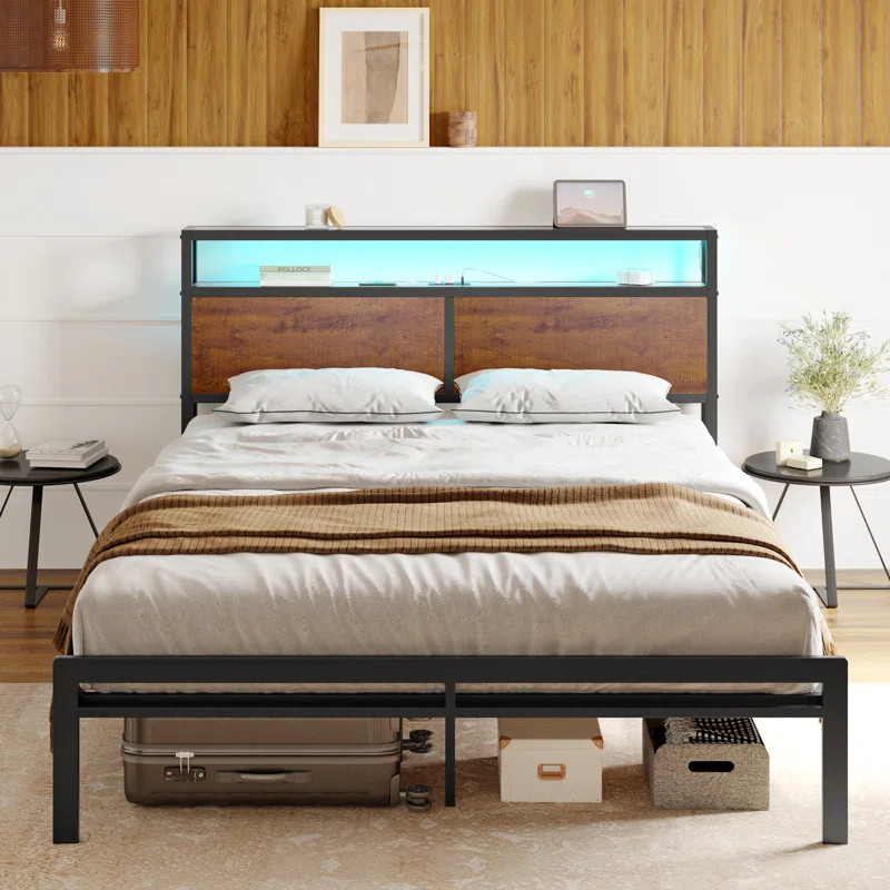 Antioch Bed Frame with LED Lights and USB Ports, Metal Frame with Headboard, Large Storage Space | Wayfair North America