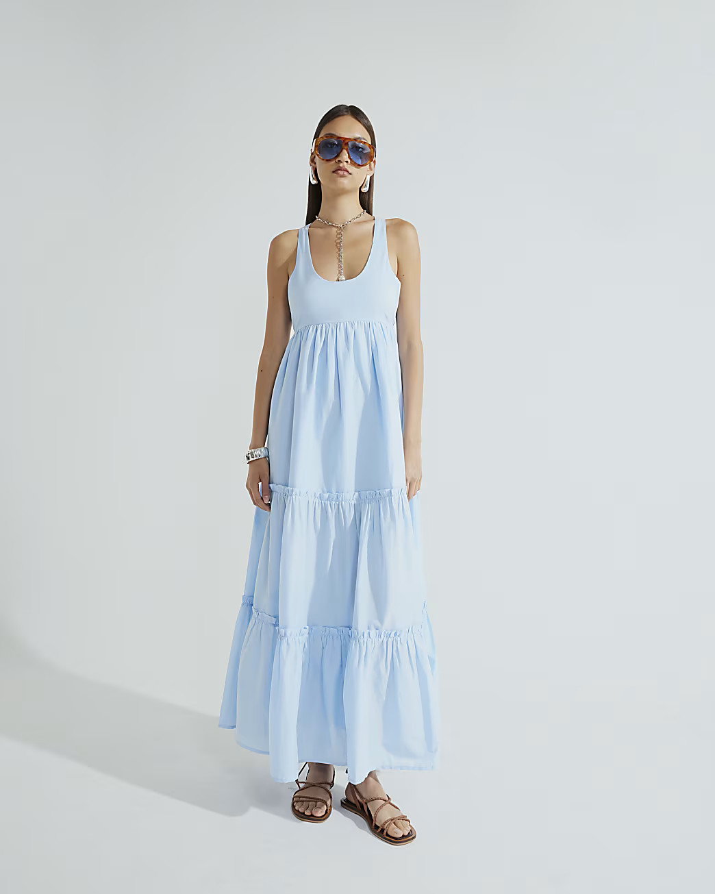 Blue Sleeveless Tiered Maxi Dress | River Island UK & IE