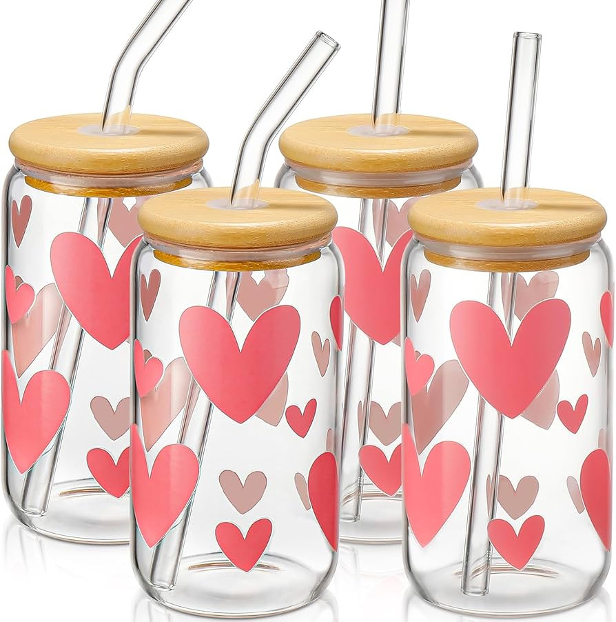 DWTS DANWEITESI Glass Cups with Lids and Straws with Design Pink Hearts 4 pcs,Clear Glass Cups 16... | Amazon (US)
