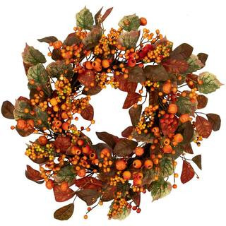 Mini Gourds and Berries Artificial Fall Harvest Wreath-24"-Orange and Green-Unlit | The Home Depot