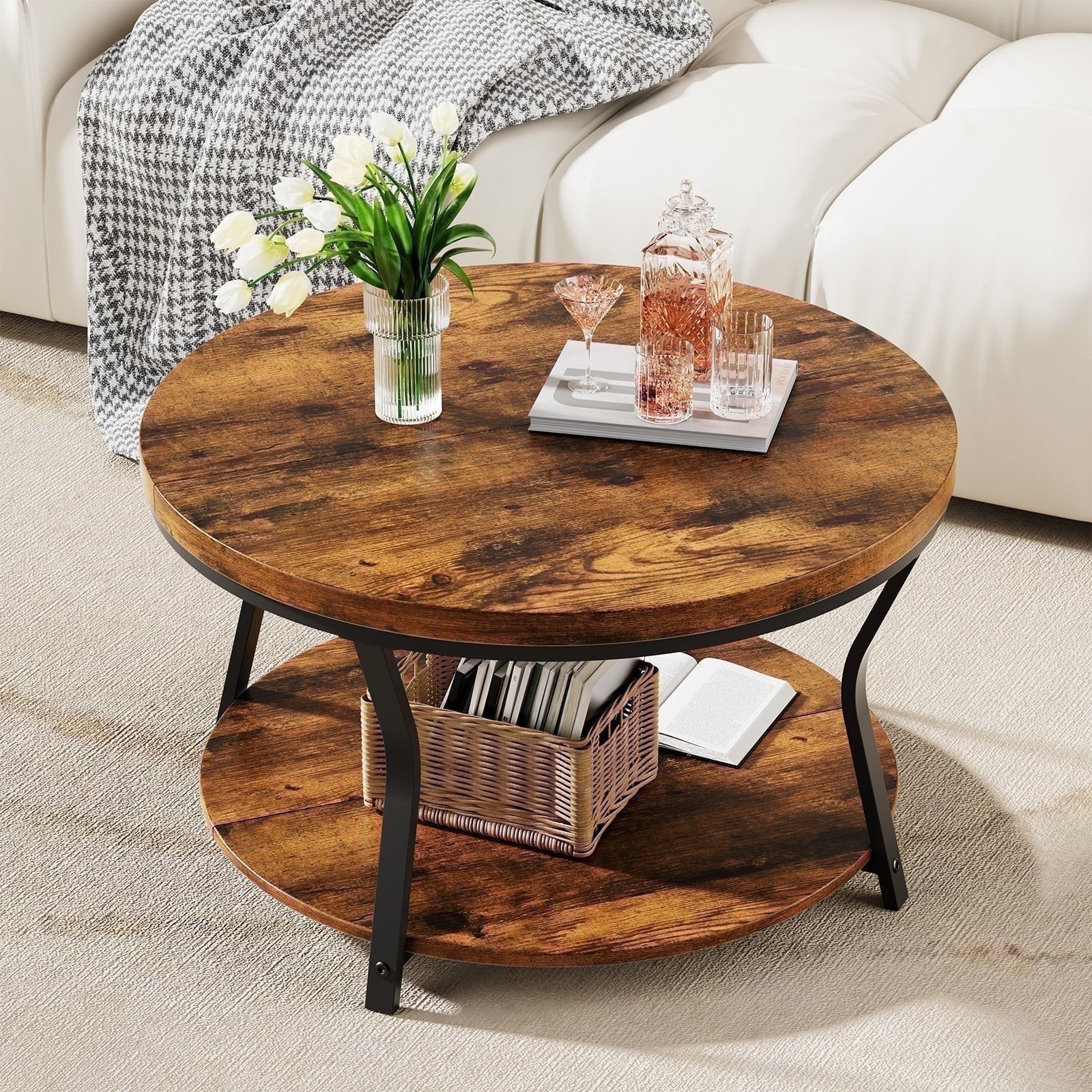 DELAMU Mesas de Centro Redondas para Salón, Mesa de Centro Rústica de Madera con Almacenaje, Ma... | Walmart (US)
