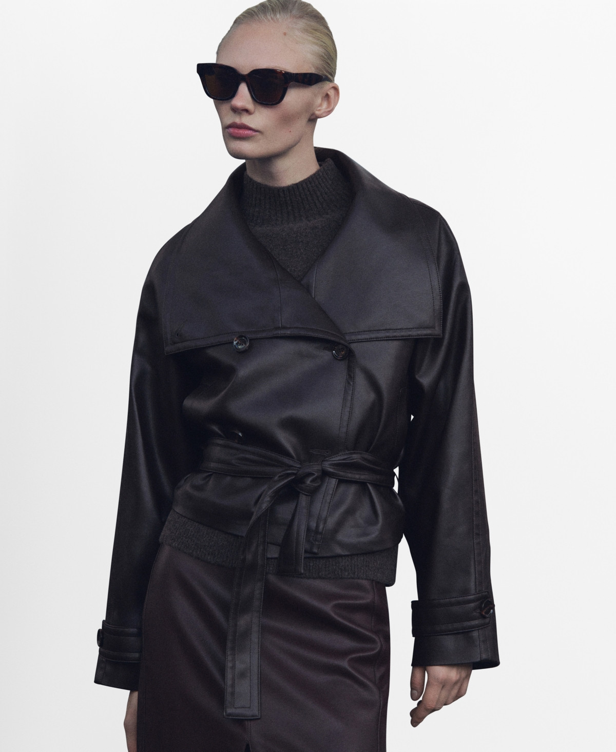 Mango Women's Leather Effect Lapels Maxi Jacket - Brown | Macy's