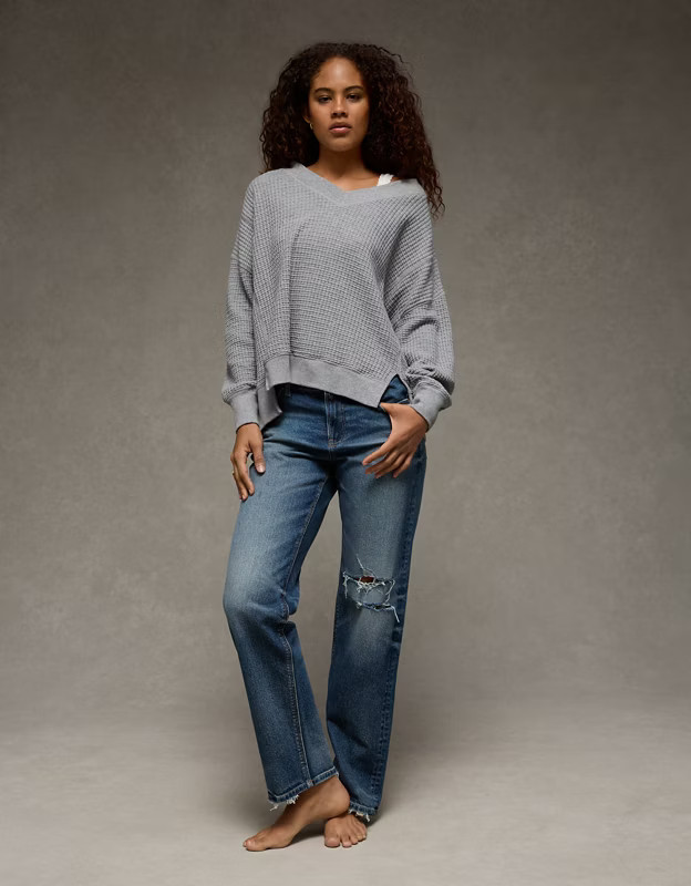 AE Big Hug V-Neck Waffle Sweatshirt Women's Heather Gray XXL | American Eagle Outfitters (US & CA)