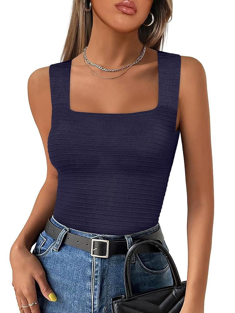 ANRABESS Tank Tops for Women 2025 Summer Square Neck Rib Knit Sleeveless Basic Slim Fit Shirts Ca... | Amazon (US)