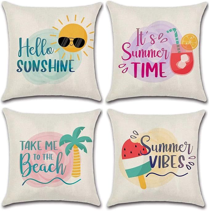 JOJUSIS Summer Throw Pillow Covers Decorative Pillowcases 18x18 Inch Set of 4 Ice Cream Beach Sun... | Amazon (US)