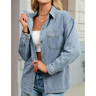Women's Denim Shirt Jacket Button Down Chest Pockets Casual Long Sleeve Top Light Blue L | Target