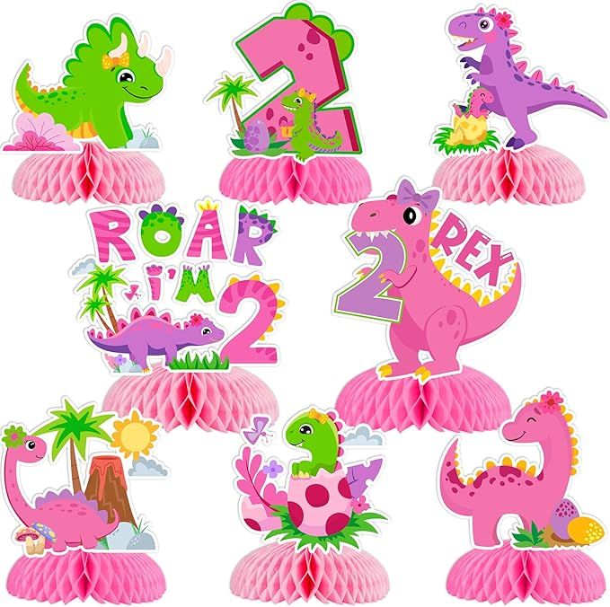 JOYMEMO 8 Pieces Dinosaur 2nd Birthday Honeycomb Centerpieces Pink - Two Rex Birthday Decorations... | Amazon (US)