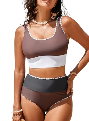 Herseas 2 Piece Bikini Set for Women Color Block 2025 Sporty Longline Swim Top with High Waisted ... | Amazon (US)