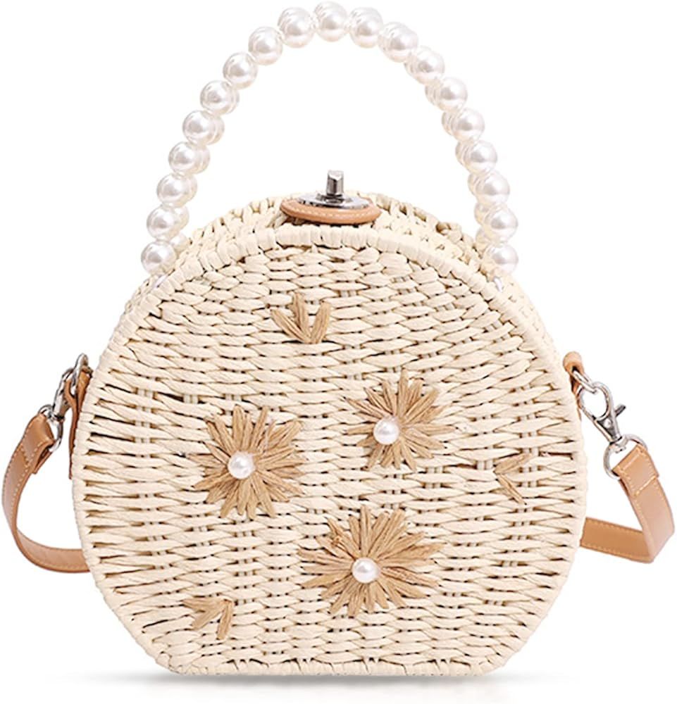 Straw Bag, Crossbody Bags for Women, Pearl Handbag Hard Box Handbags, Bohemian Handmade Woven Bag... | Amazon (US)