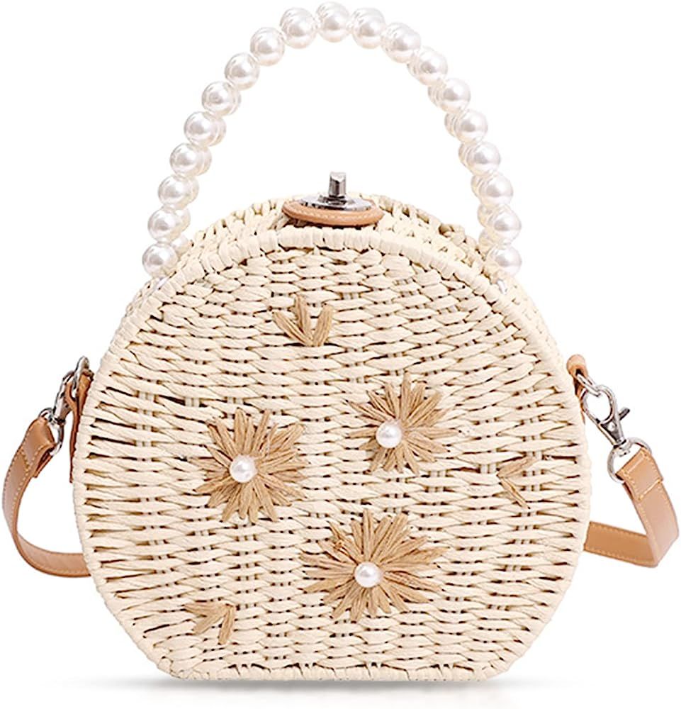 Straw Bag, Crossbody Bags for Women, Pearl Handbag Hard Box Handbags, Bohemian Handmade Woven Bag... | Amazon (US)
