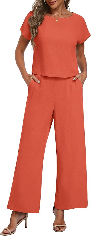 Lepunuo 2 Piece Sets for Women Summer Cap Sleeve Crop Top Wide Leg Pants Matching Lounge Set Vaca... | Amazon (US)