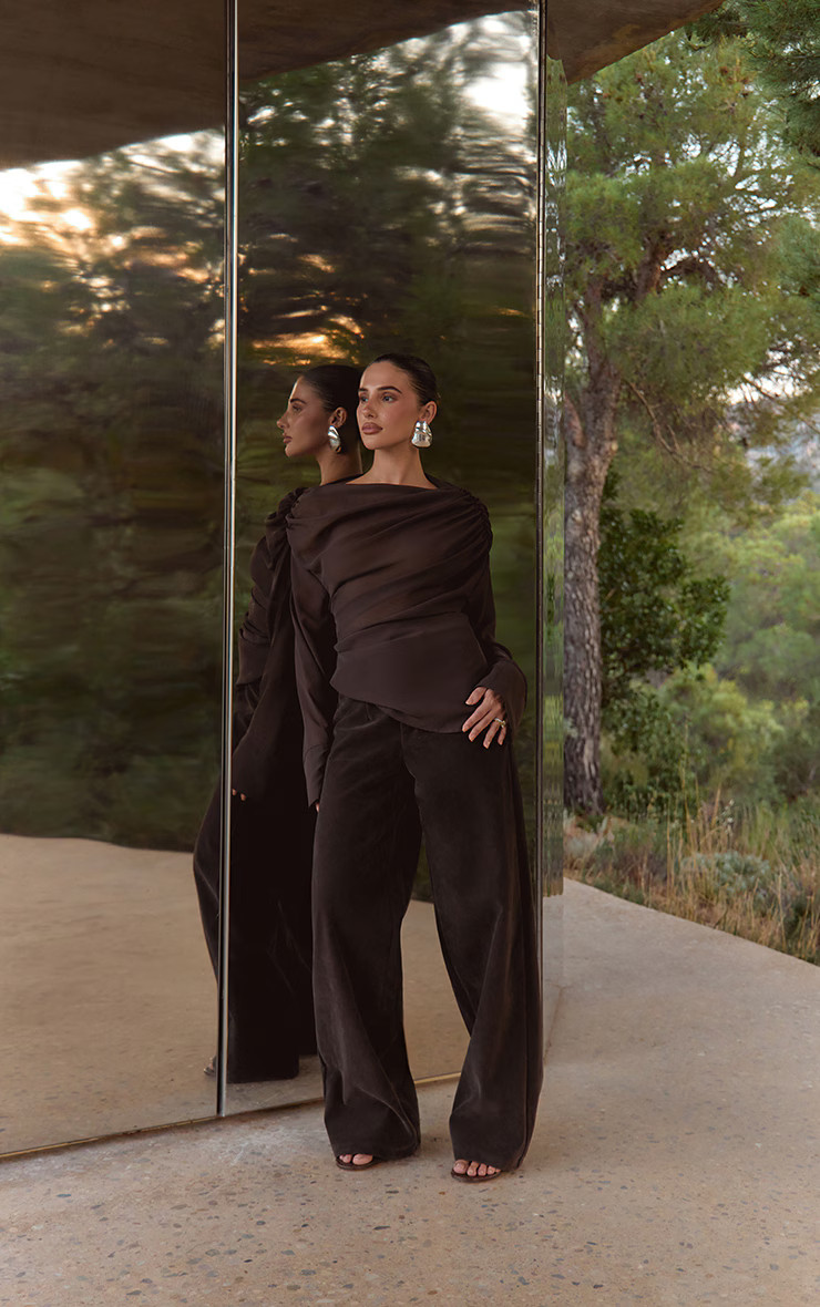 Dark Chocolate Chiffon Drape Top | Tops | PrettyLittleThing IE