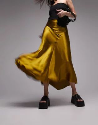 Topshop asymmetric fishtail midi skirt in yellow | ASOS (Global)