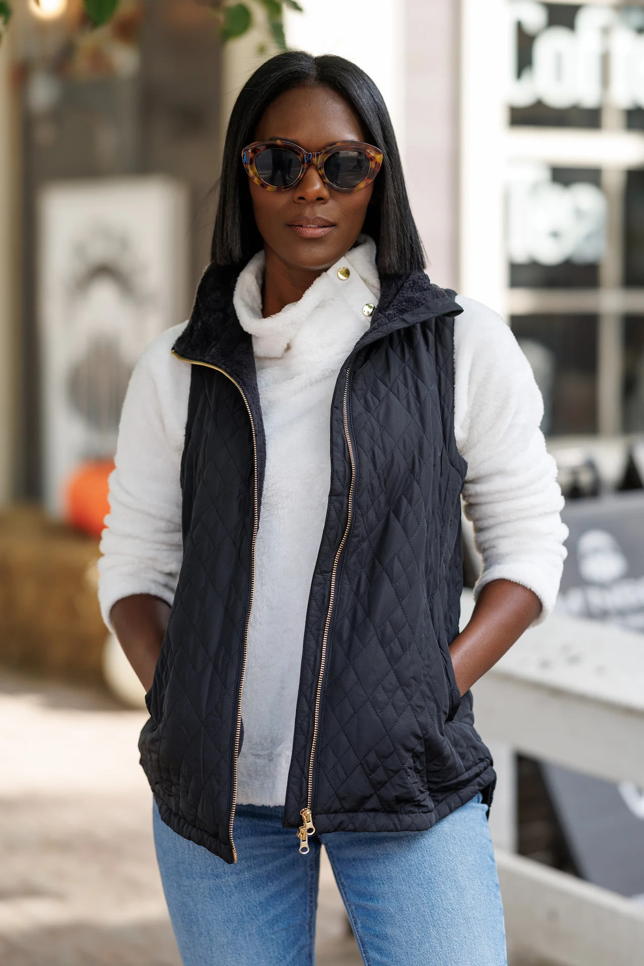 Bennett Quilted Fuzzy Fleece Lined Vest in Black | Duffield Lane