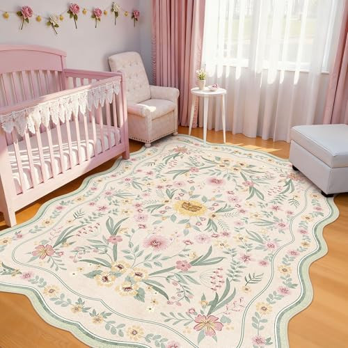Dadasgk Scalloped Floral Rug 6x9, Sage Green Washable Non Slip Area Rug for Bedroom, Soft Low Pile Cottagecore Rug for Girls Room, Nursery, Dorm, or Reading Nook Green Beige | Amazon (US)