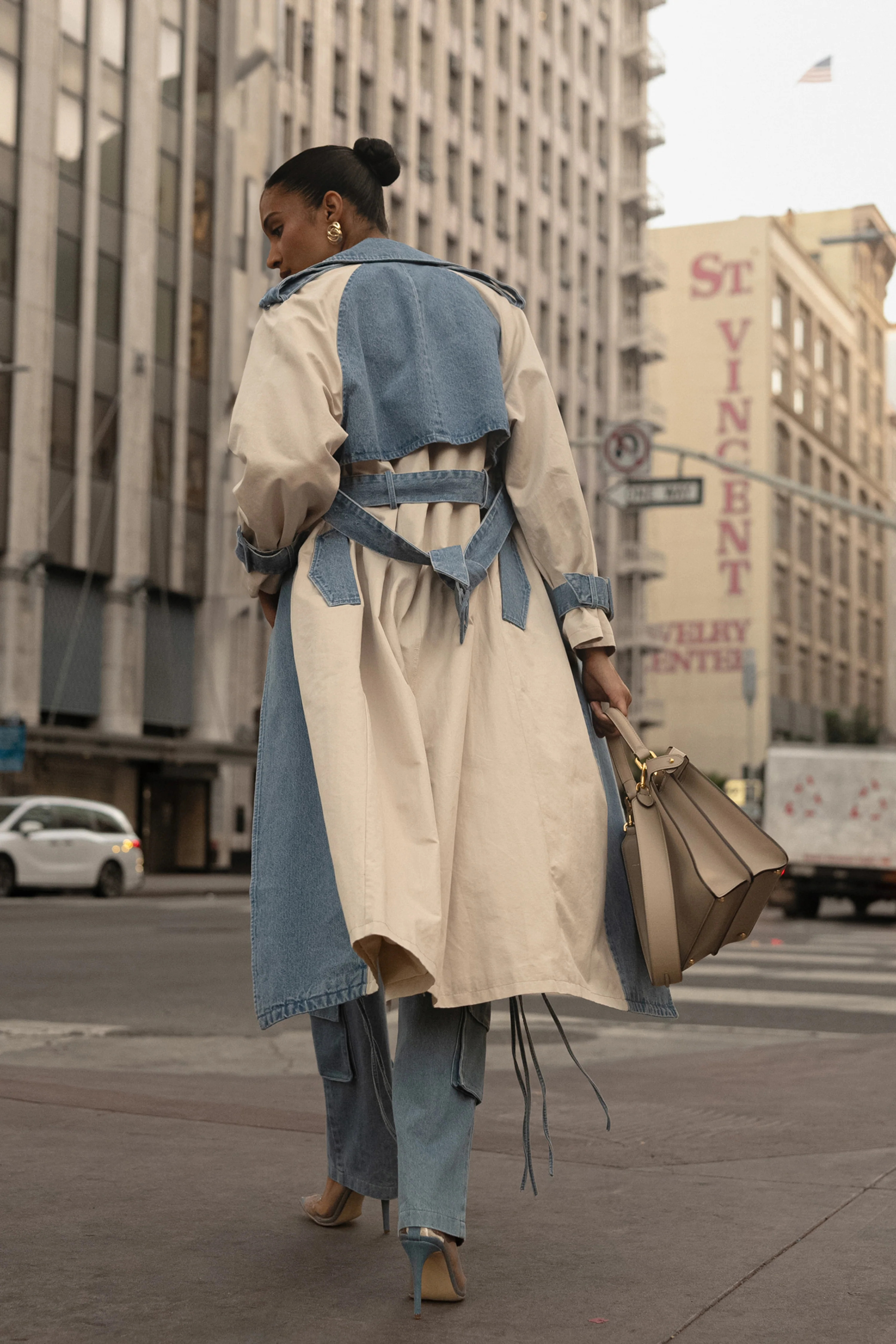 Light Wash Denim Leighton Belted Contrast Coat | JLUXLABEL