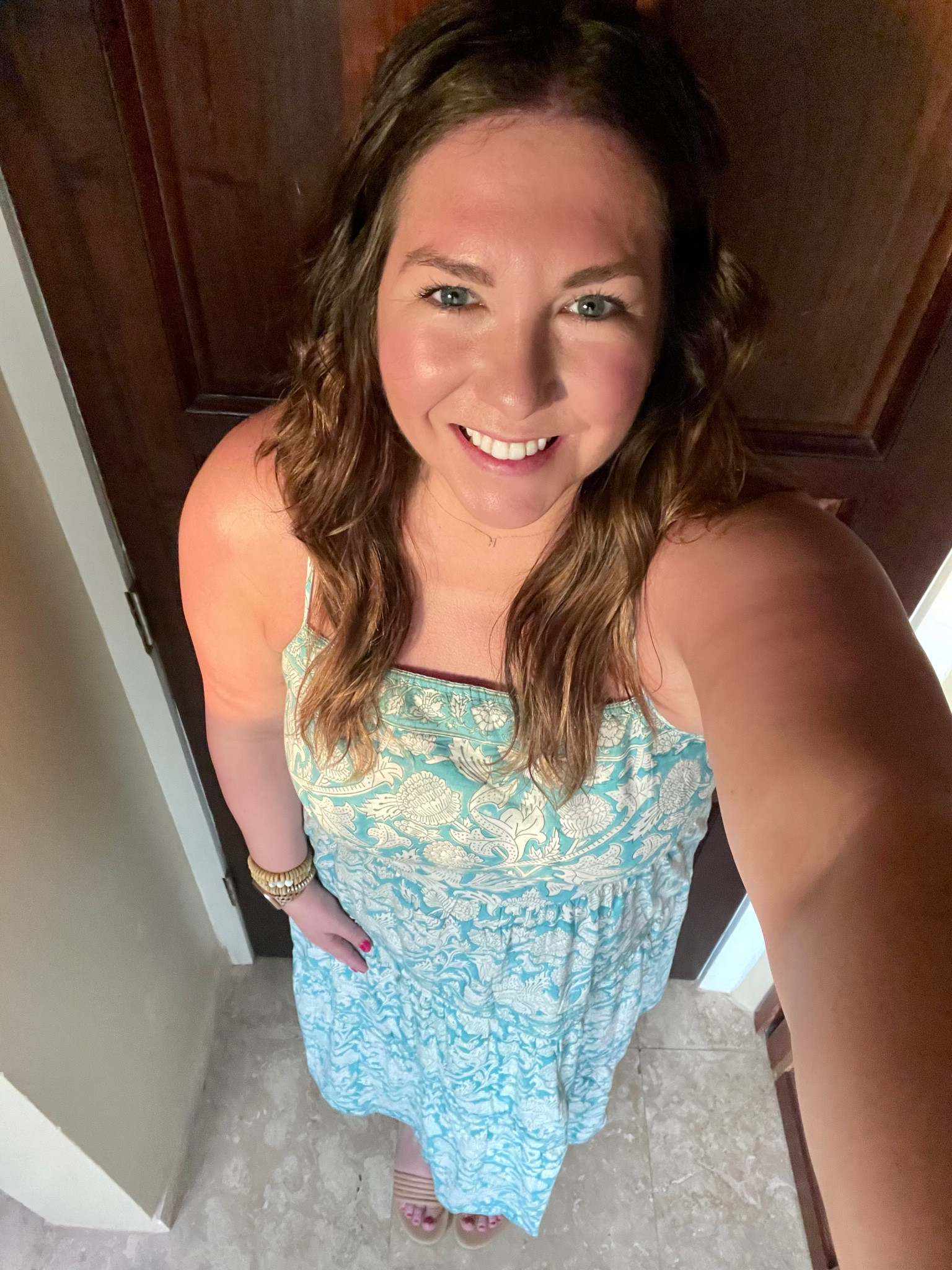 My first outfit from our vacation to Belize. I love this brand for beach vacations. The fabric feels amazing in the warm humid weather. This print was just so pretty too I couldn’t pass it up. I styled it with some wood bracelets and my favorite easy to wear sandal  

#LTKtravel #LTKFind #LTKshoecrush