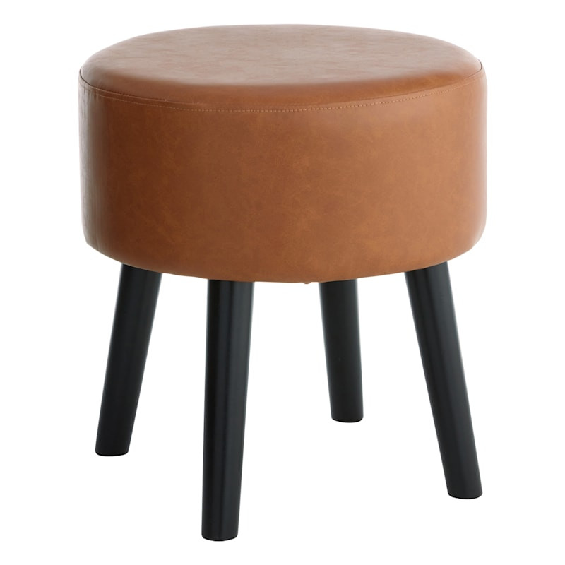 Emmy Stool with Black Wooden Legs, Cognac Faux Leather | At Home