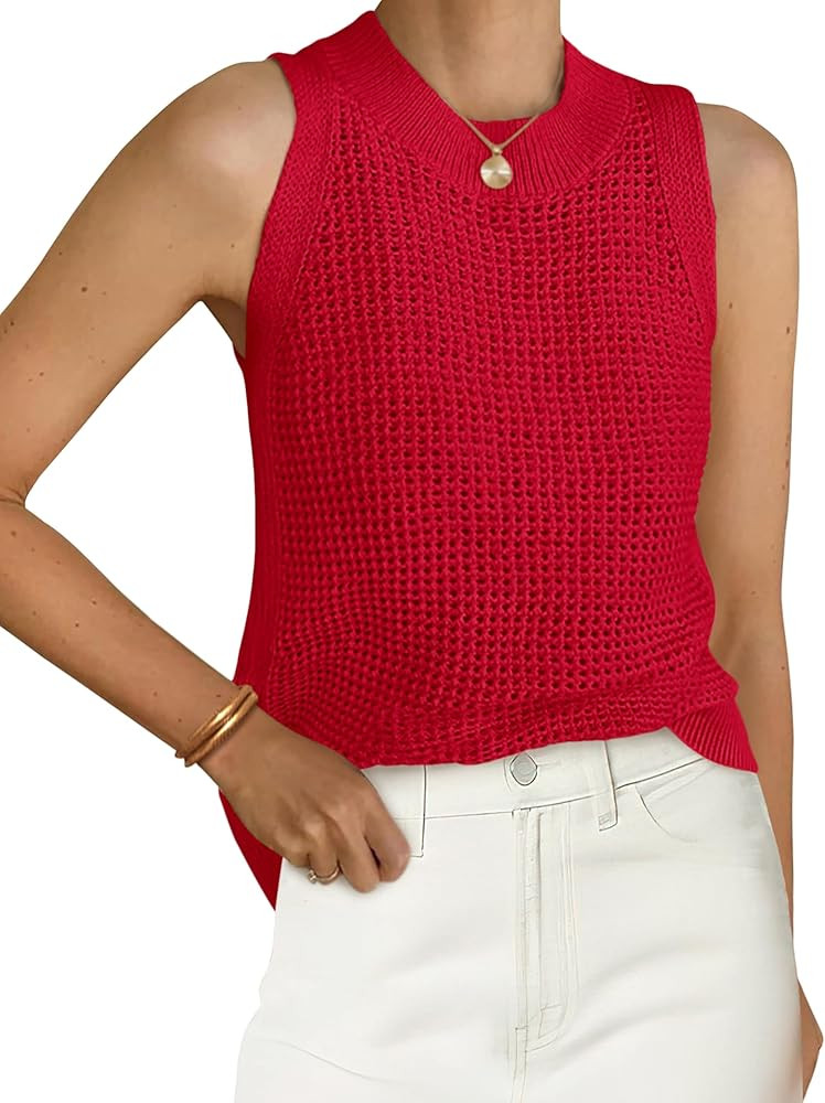 PRETTYGARDEN Summer Crochet Tank Tops for Women 2026 Casual Crewneck Hollow Out Loose Knit Sleeve... | Amazon (US)