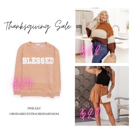 Pink Lily Thanksgiving Sale
Blessed shirt + Brown color block sweater + faux leather shorts 

#LTKSeasonal #LTKHoliday #LTKGiftGuide
